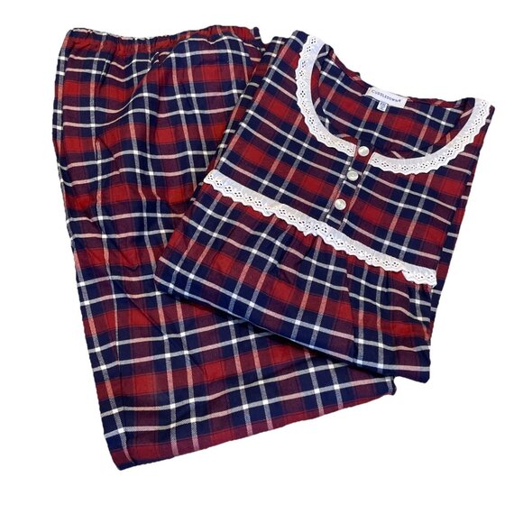 Cuddledown Plaid Flannel Pajamas Size XXL Red Navy Eyelet Prairie Grannycore - Picture 1 of 10